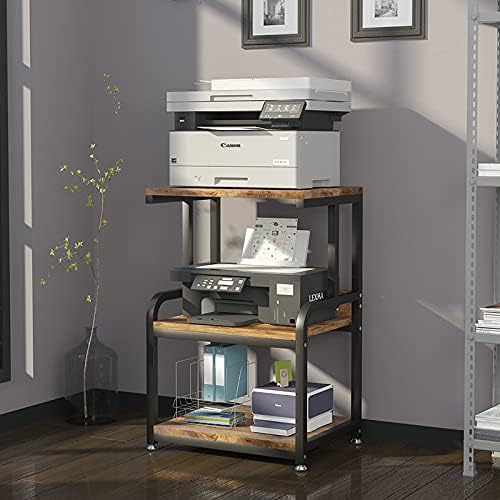230527222816030_1 HOUYISHEYUE Home Printer Stand Vintage Printer Stand with 3 Tier Wood Storage Shelves Multi-Purpose Desk Organizer for Fax Machine, Scanner, Files, Books with Adjustable Anti-Skid Feet (Brown) - Image 1